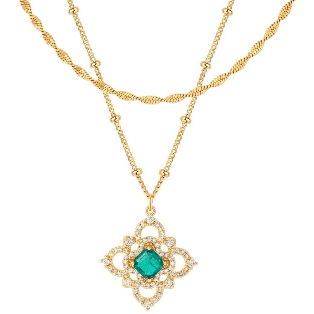 14K Gold Plated Layered Necklaces Set for Women, Dainty Floral Clover Pendant, A